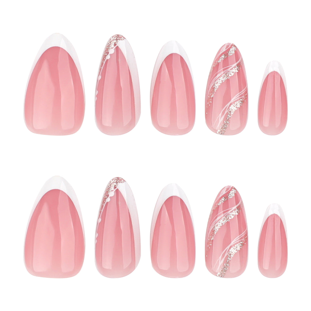 Elegant French-Tip Artificial Nails with Glitter Accents Bowlift