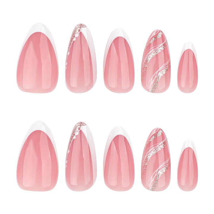 Elegant French-Tip Artificial Nails with Glitter Accents Bowlift