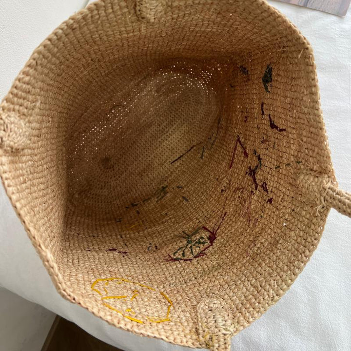 Handmade straw bag with floral embroidery design Bowlift