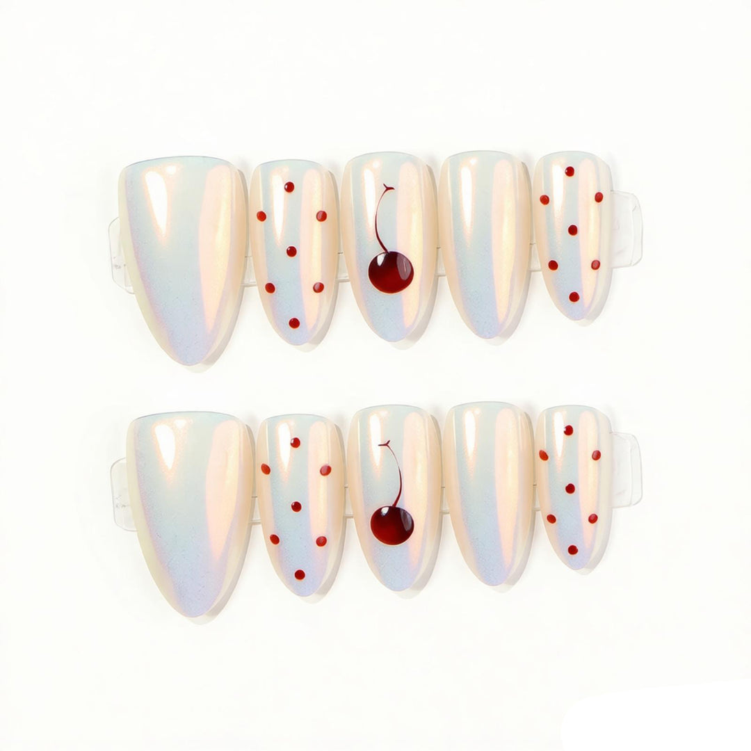 Artistic Press-On Nail Set with Cherry Accents Bowlift