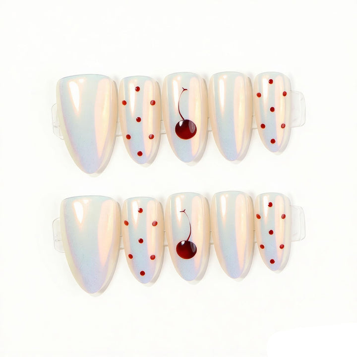 Artistic Press-On Nail Set with Cherry Accents Bowlift