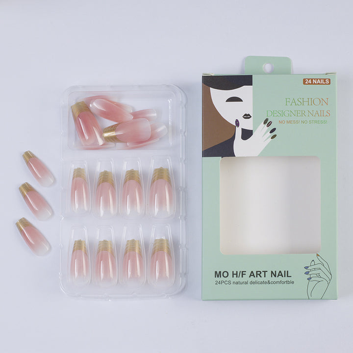 Acrylic Nail Set with Elegant Ombre Design and Golden Accents Bowlift