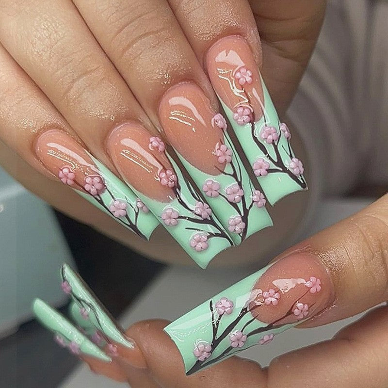 Artificial nail set with colorful flowers and creative French design Bowlift