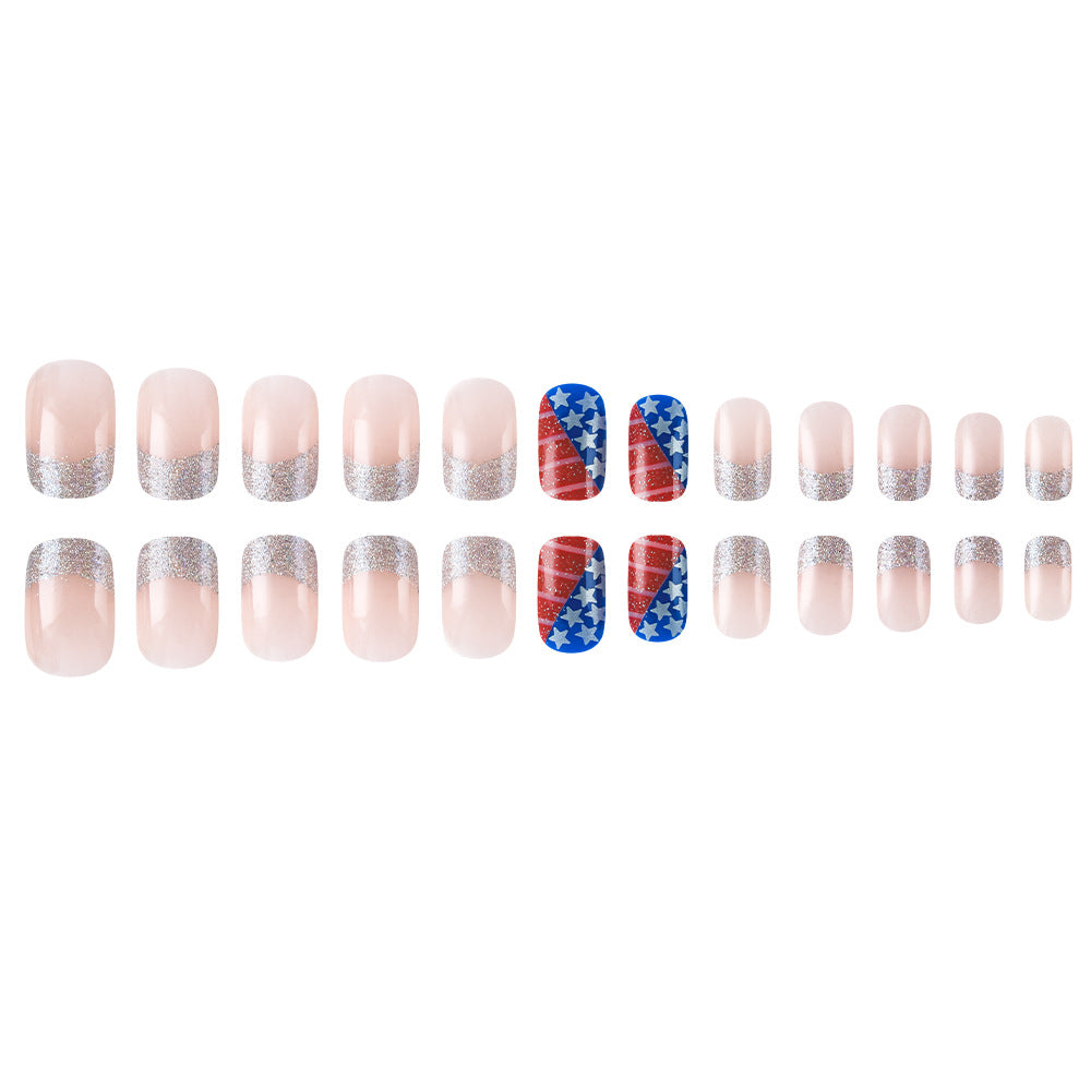 Women's nan patriotic flag patterned press-on nail set with glitter French tips Bowlift