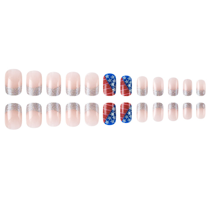 Women's nan patriotic flag patterned press-on nail set with glitter French tips Bowlift