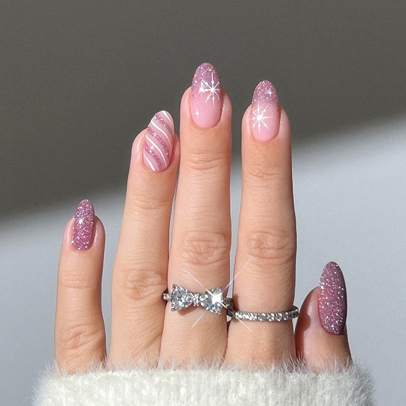 Decorative Press-On Nail Set with Glitter and Striped Design Bowlift