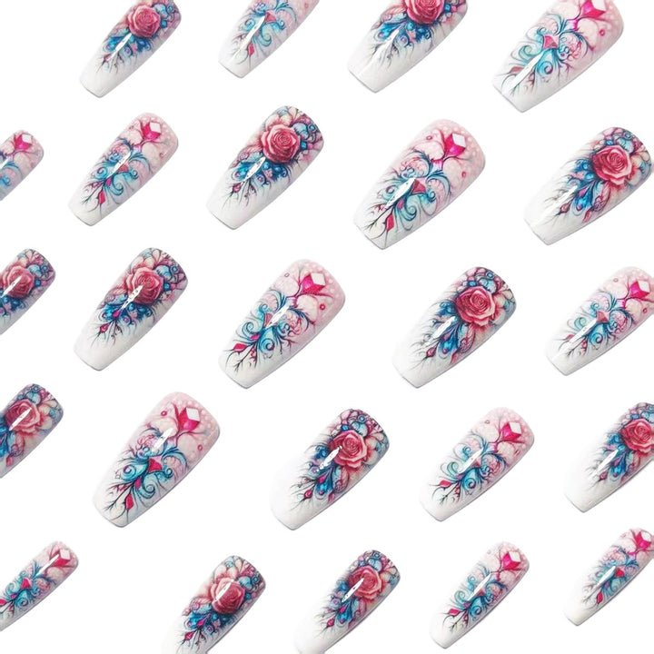 Elegant rose design artificial nails with glitter accents Bowlift