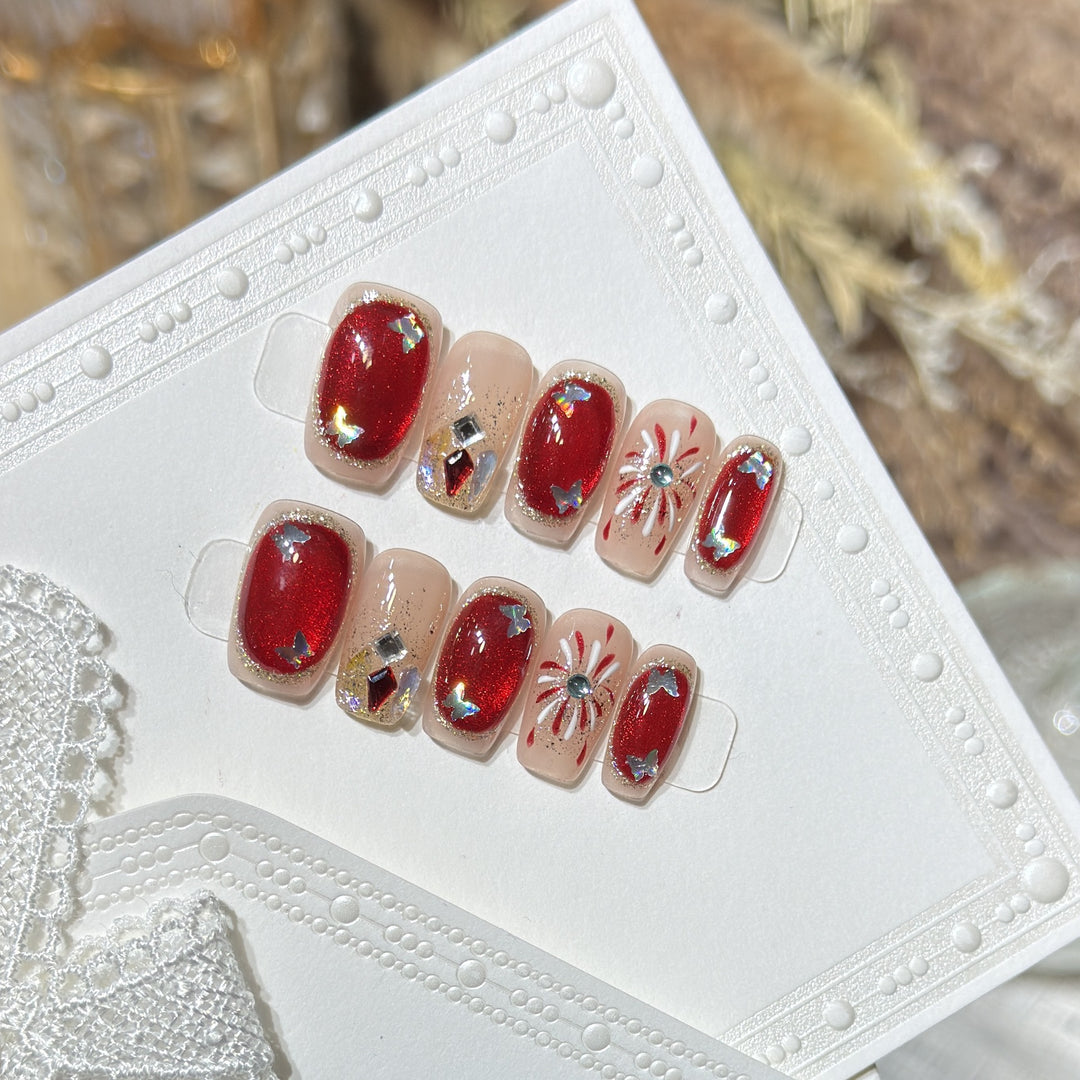 Artistic Press-On Nail Set with Glitter and Star Accents Bowlift