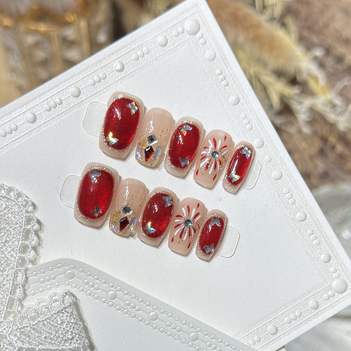 Artistic Press-On Nail Set with Glitter and Star Accents Bowlift
