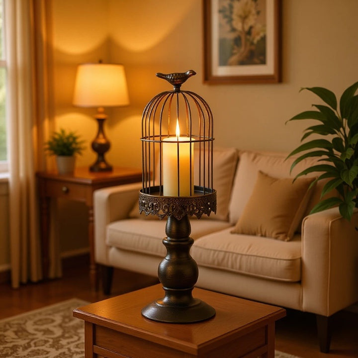 Antique-Style Distressed Metal Birdcage Tabletop Candle Holder & Display Stand Bowlift