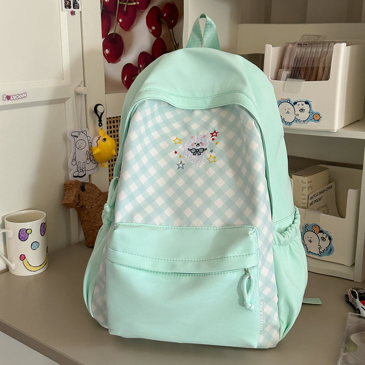 Cute Checked Backpack with Embroidered Accents