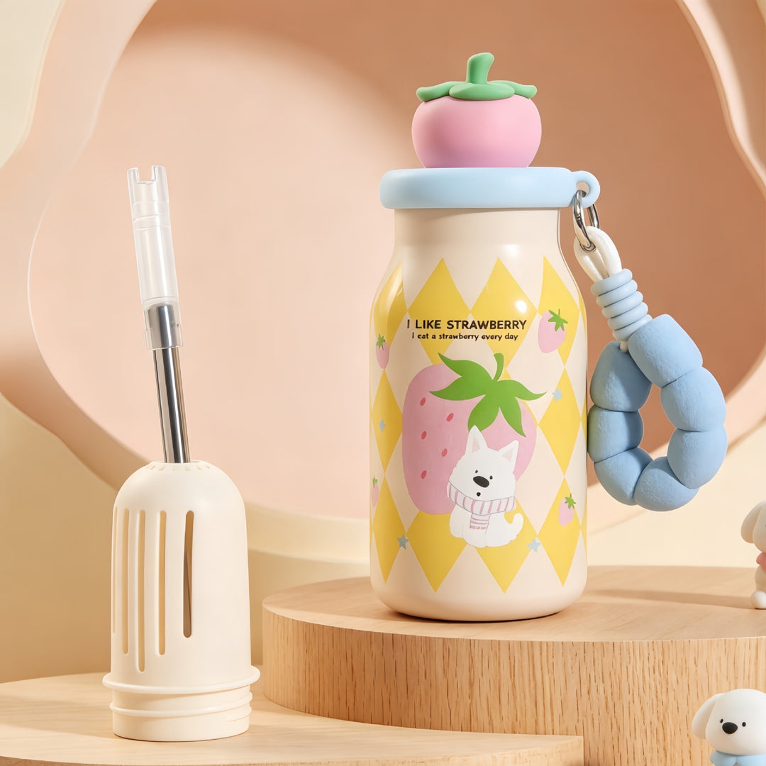 Insulated drinking bottle with sweet dog design and practical carrying strap Bowlift