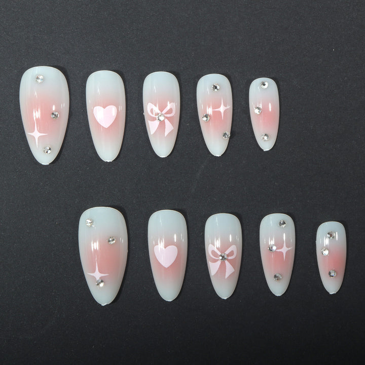 Decorative Press-On Nail Art Set with Bow and Heart Accents Bowlift