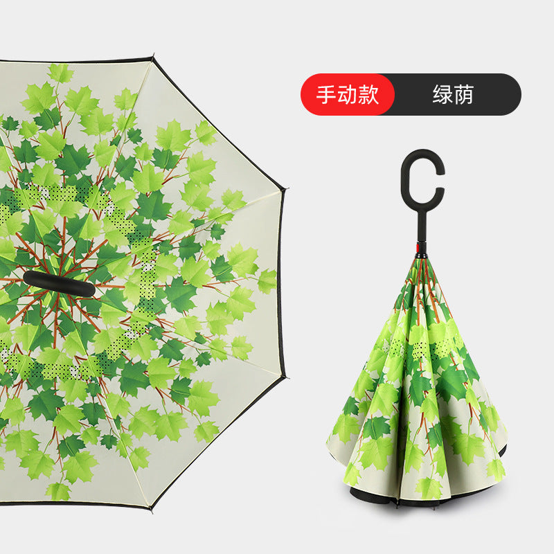 Women Innovative Folding Umbrella with Creative Leaf Graphic Bowlift