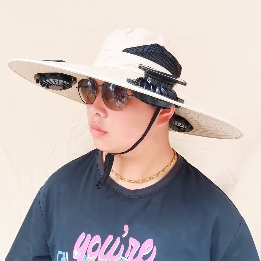 Wide-brimmed sun hat with detachable swivel solar fans and adjustable chin strap Bowlift