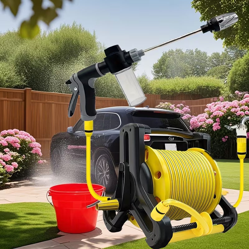 heavy-duty retractable garden hose reel system with pistol spray gun and faucet connector Bowlift
