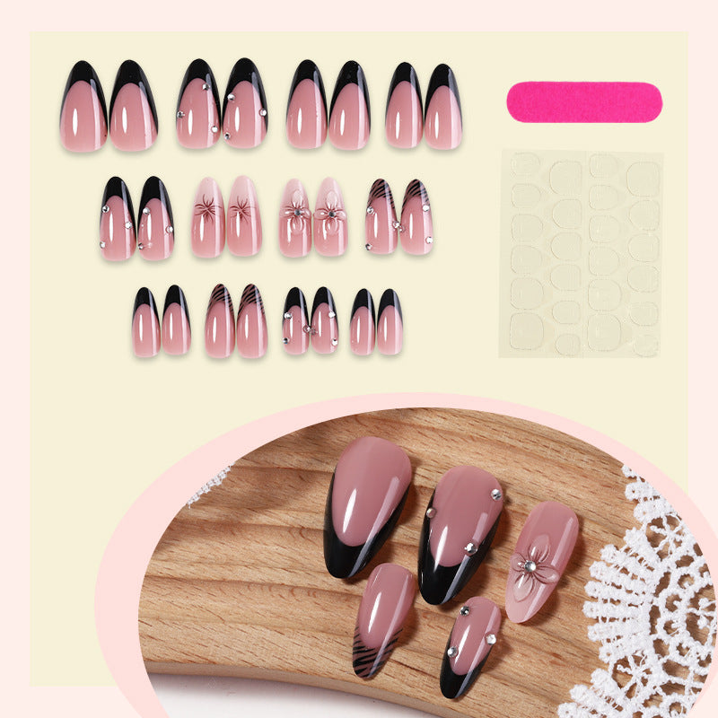 Deluxe Press-On Nail Set with Elegant Black Tips and Embellishments Bowlift