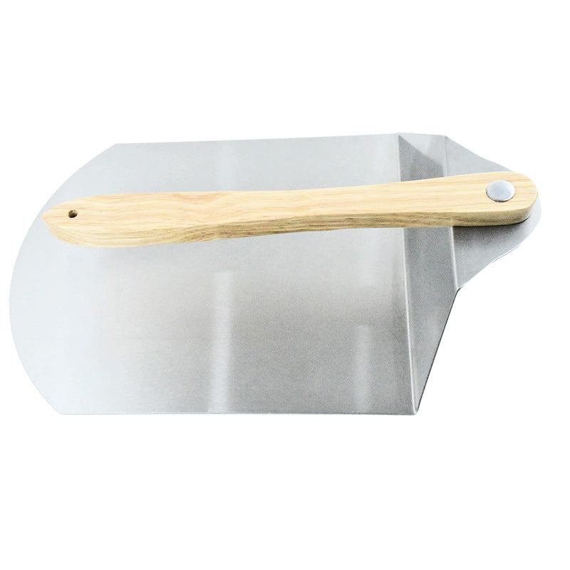 large round stainless steel pizza paddle with beveled edge and full-length wooden handle Bowlift