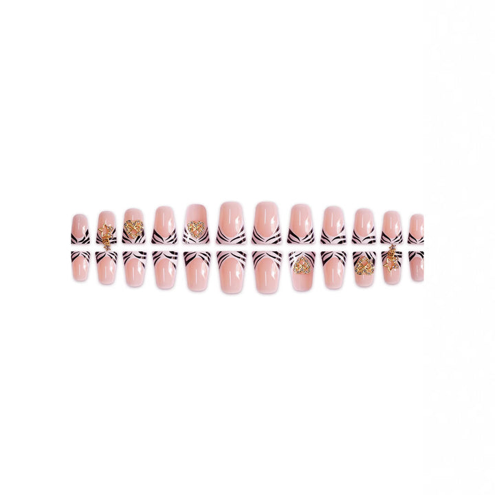 Artistic Zebra-Patterned Nail Enhancements with Gem Accents Bowlift