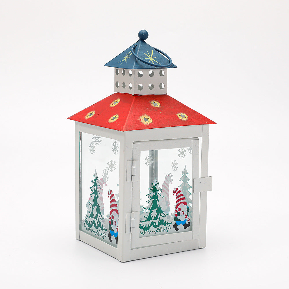 Decorative Holiday Gnome Lantern with Star-Cut Roof and Glass Panel Candle Holder Bowlift