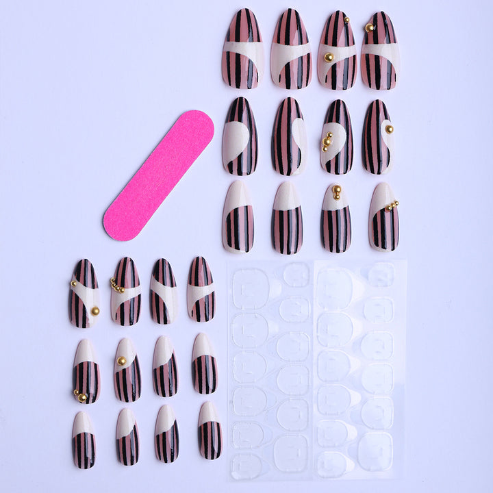Artificial Fingernails In Elegant Stripe Design with Gold Accents Bowlift