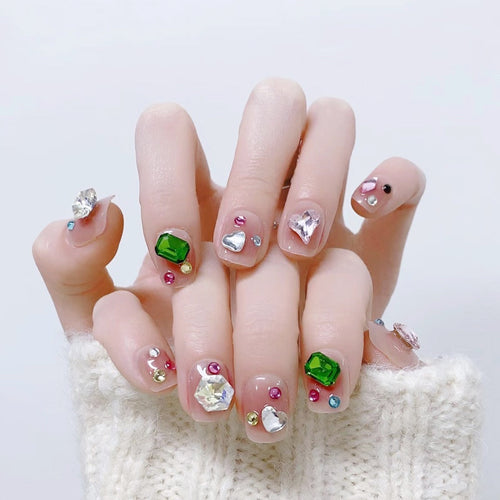 Acrylic nail set with sparkling 3D applications and beautiful heart designs Bowlift