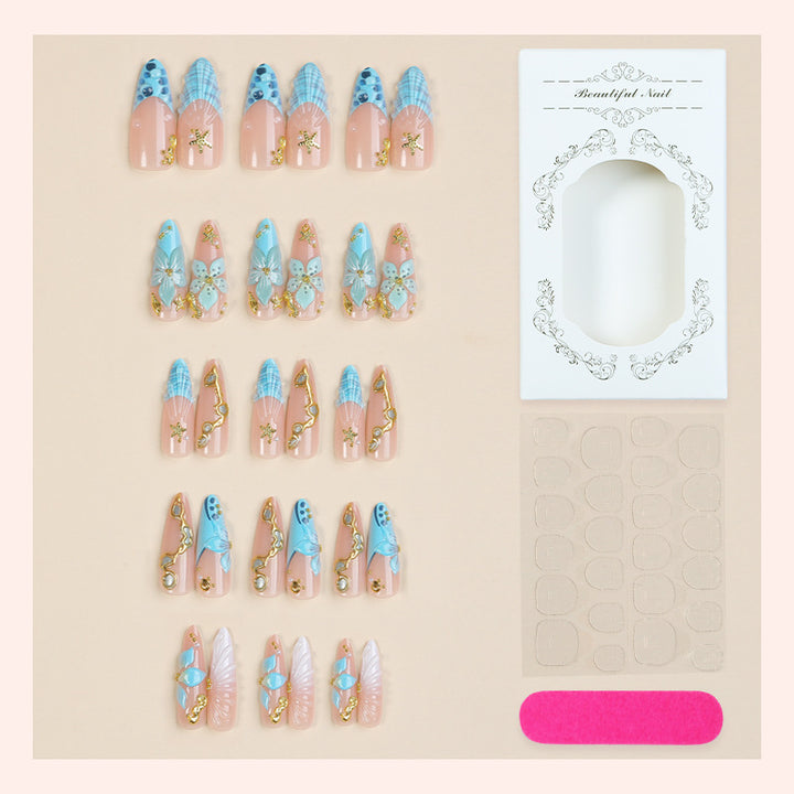 Premium Artistic Press-On Nail Set with Decorative Ocean-Inspired Designs Bowlift