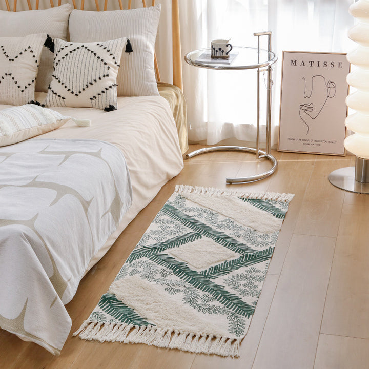 decorative woven bathroom runner with botanical jacquard pattern and fringes Bowlift