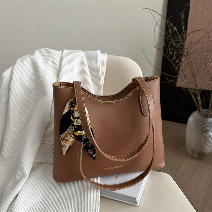 Elegant Structured Tote Handbag with Decorative Scarf
