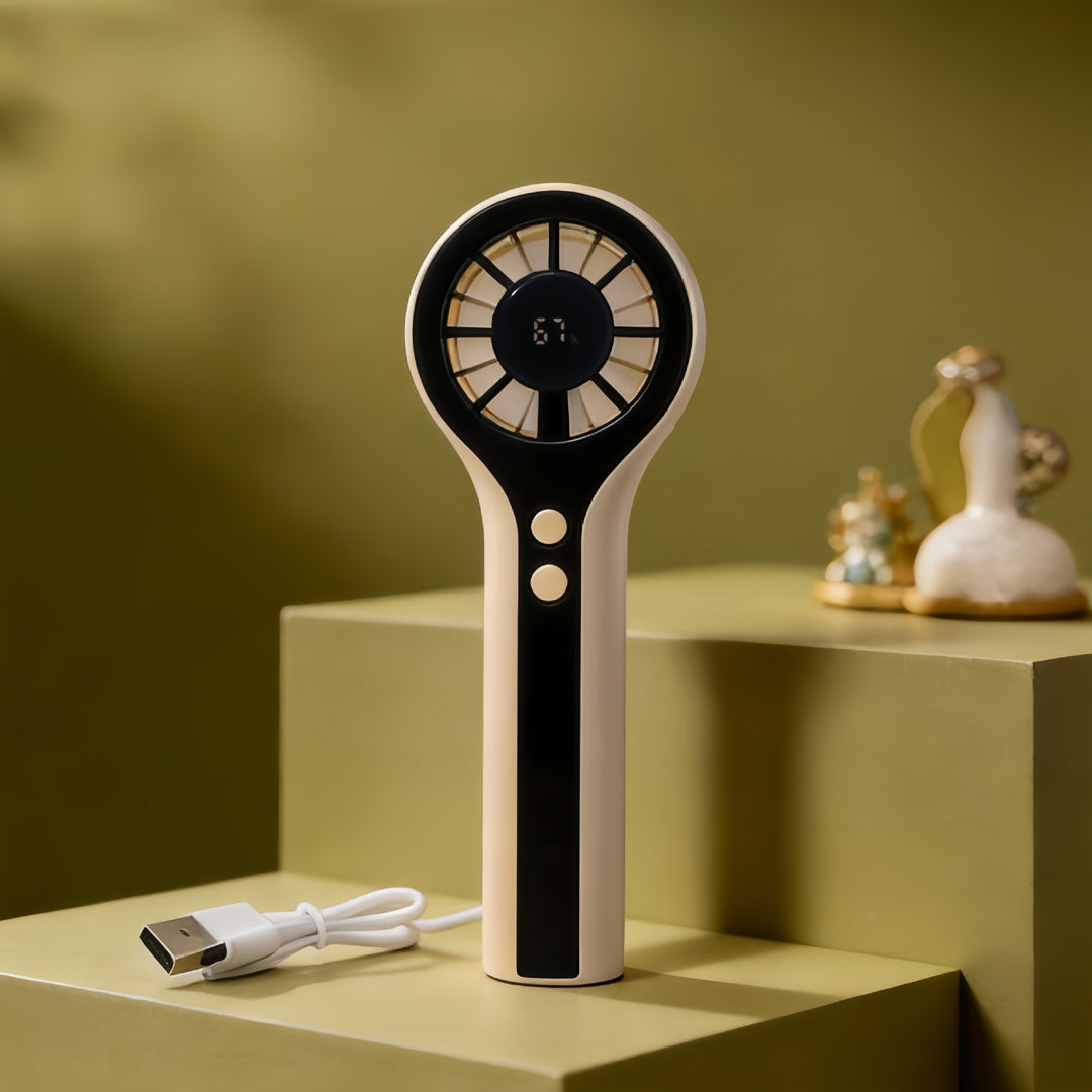 Ladies Portable Hand Fan with Digital Temperature Display and Powerful Battery Bowlift