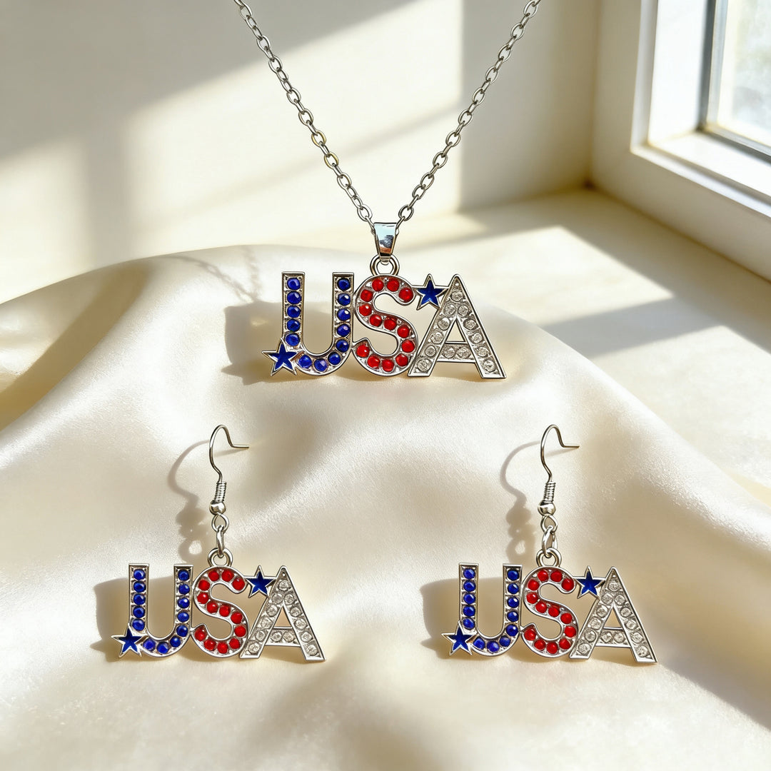 Women's patriotic jewelry set flip-flop pendant necklace and earrings with enamel and crystal embellishment Bowlift