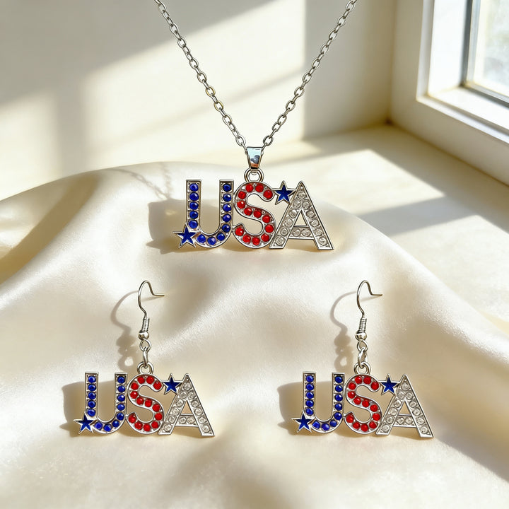 Women's patriotic jewelry set flip-flop pendant necklace and earrings with enamel and crystal embellishment Bowlift