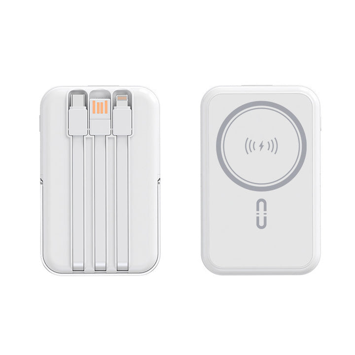 Portable power bank with integrated cable function and wireless charging option Bowlift