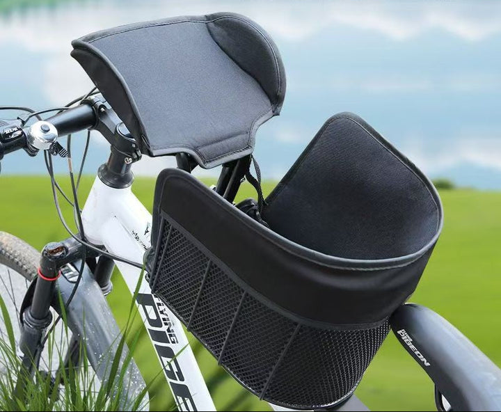 padded frame mounted pet carrier basket with mesh sides and quick release mount Bowlift