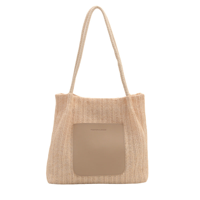 Textured Knit Tote Bag with Leather Accent