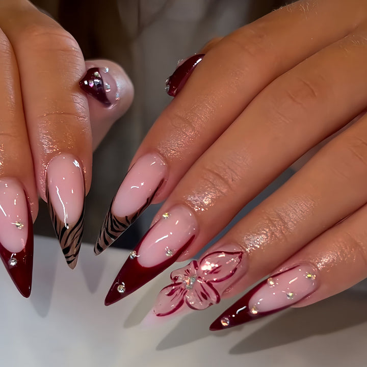 Elegant Stiletto Press-On Nail Art Set with Floral and Geometric Designs Bowlift