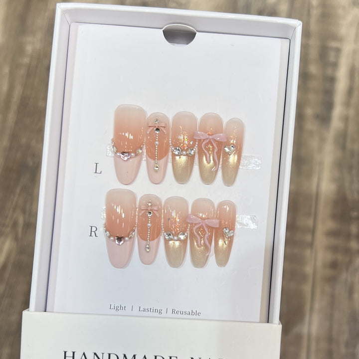 Decorative Stiletto Press-On Nail Art Set with Elegant Ribbons and Gems Bowlift