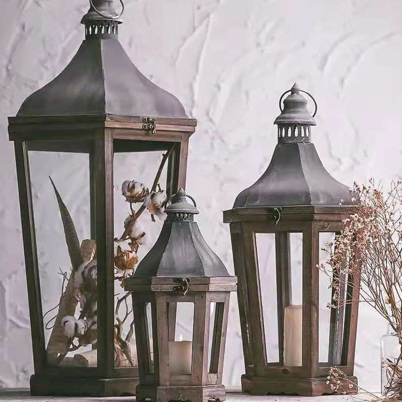 Rustic Weathered Wood and Metal Indoor Outdoor Candle Lantern Set Bowlift