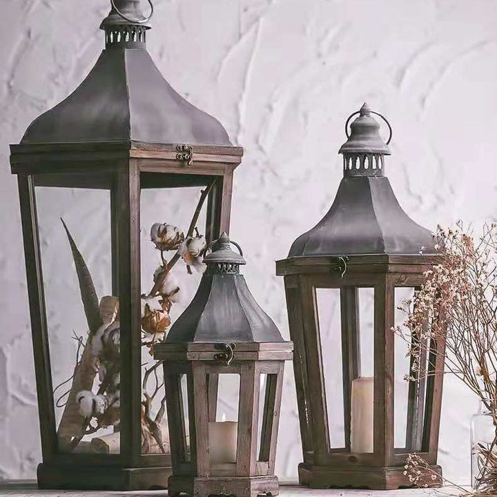 Rustic Weathered Wood and Metal Indoor Outdoor Candle Lantern Set Bowlift