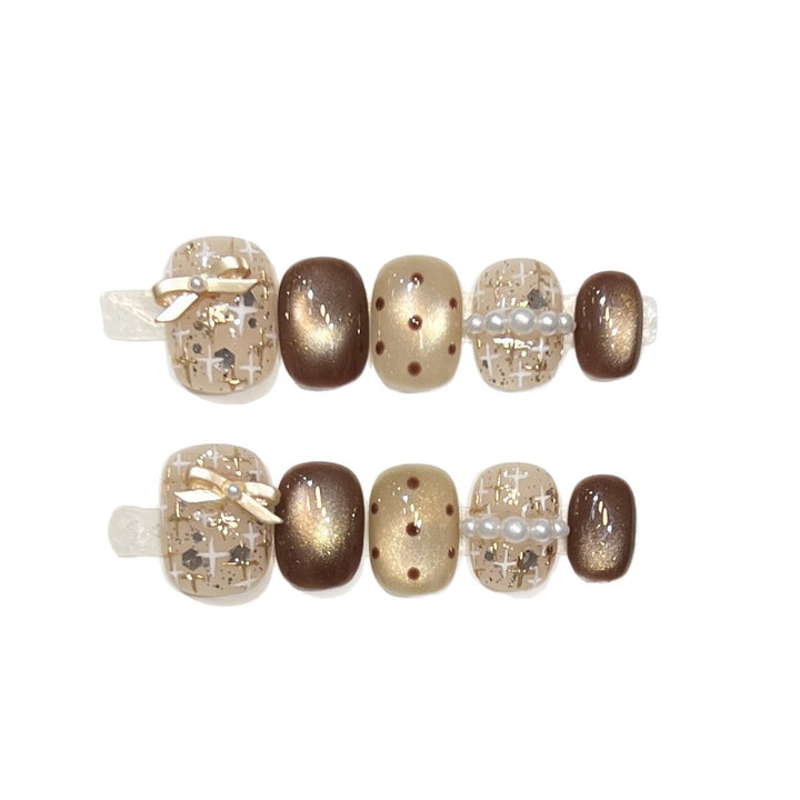 Decorative Press-On Nail Set with Pearl and Bow Accents Bowlift