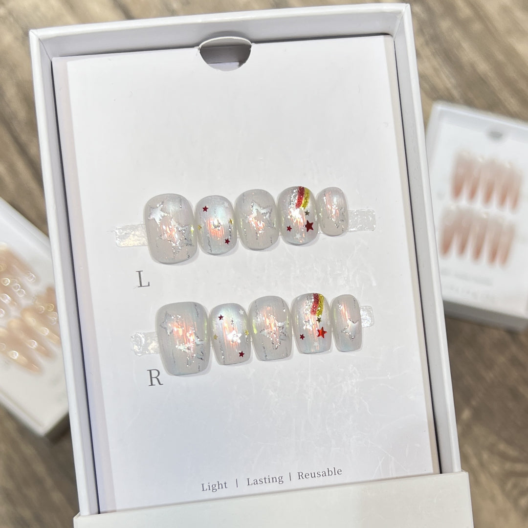 Creative Decorative Press-On Nail Set with Star and Rainbow Accents Bowlift
