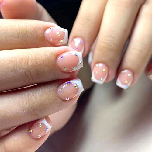 Elegant Rhinestone French Tip Nail Art Bowlift
