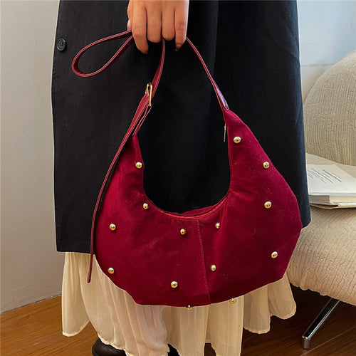 WoTextured Suede Hobo Bag with Decorative Studs Bowlift