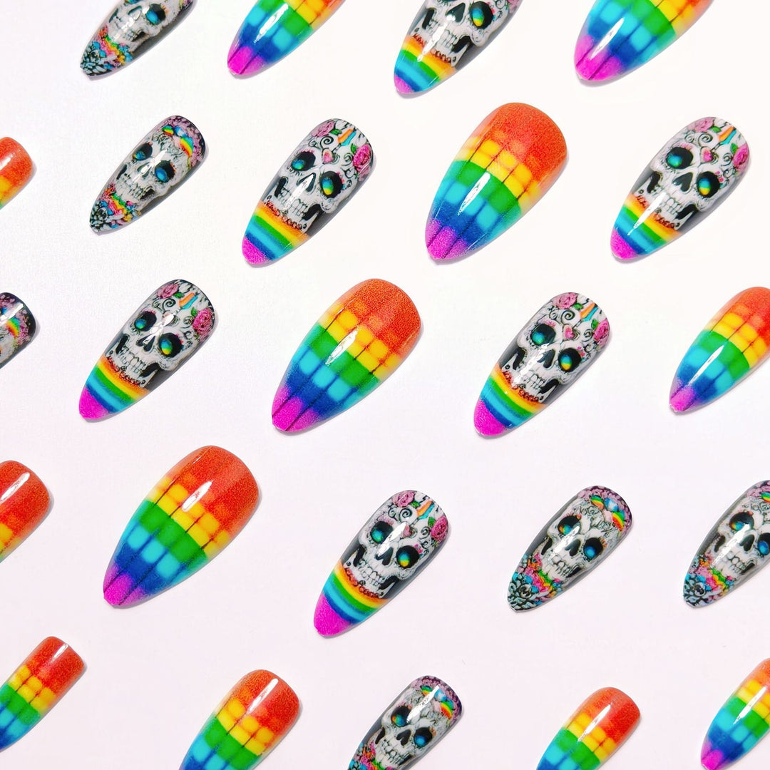 Creative artificial nails with skull design and rainbow colors Bowlift