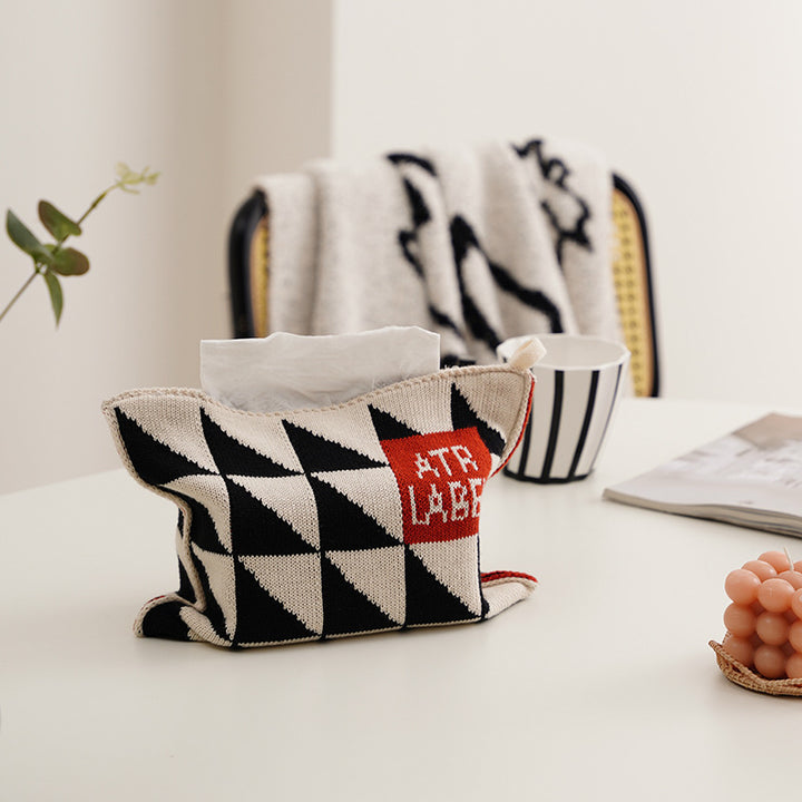 Knitted tissue box cover with geometric jacquard pattern and zipper Bowlift