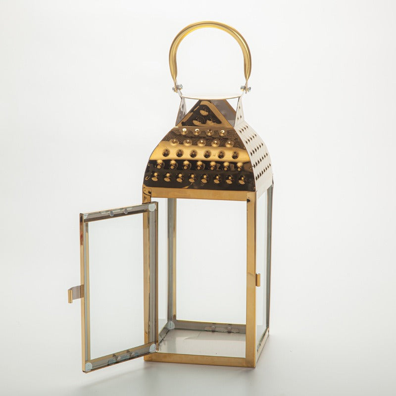 Decorative Metal and Glass Candle Lantern Set with Hinged Door Perforated Dome Top & Carry Handle Bowlift