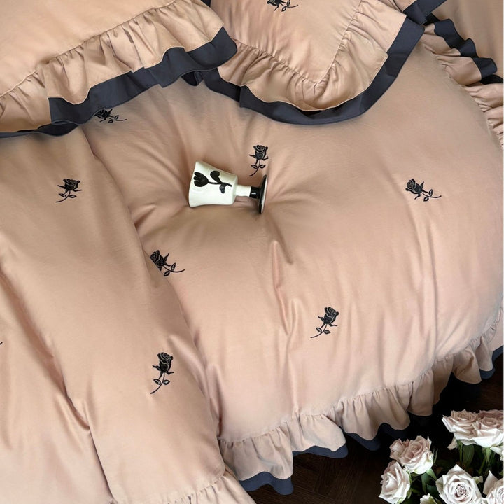 Luxurious Ruffled Bedding Set with Delicate Embroidery