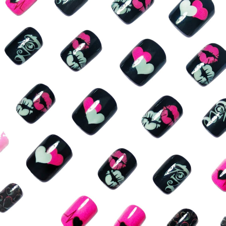Acrylic nail design with hearts and kiss motifs Bowlift