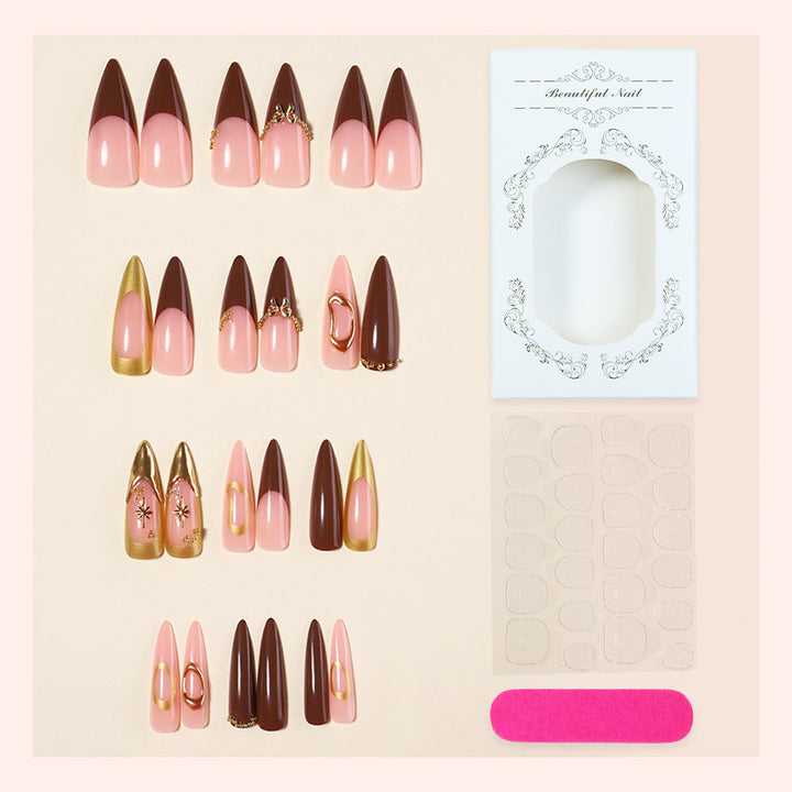 Elegant Decorative Press-On Nail Set with Gold Accents Bowlift