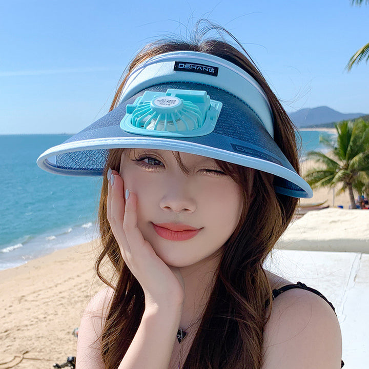 Breathable sun visor for with integrated, quietly running fan and adjustable headband Bowlift